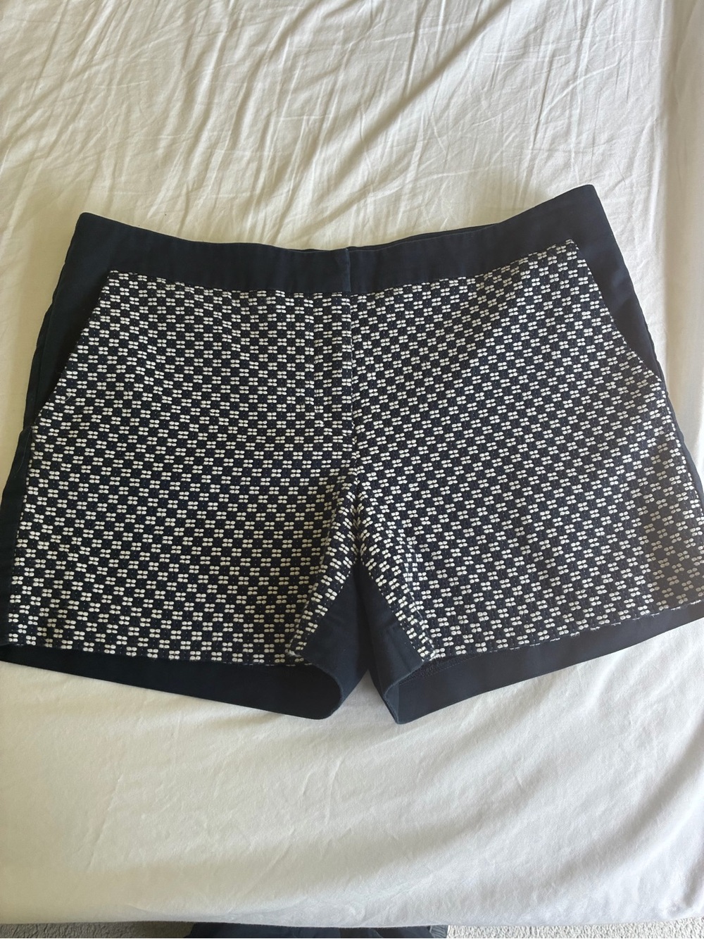 Kenar Navy and White Textured Mid-Waist Cotton Shorts